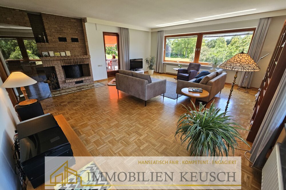großes helles Wohnzimmer mit Kamin